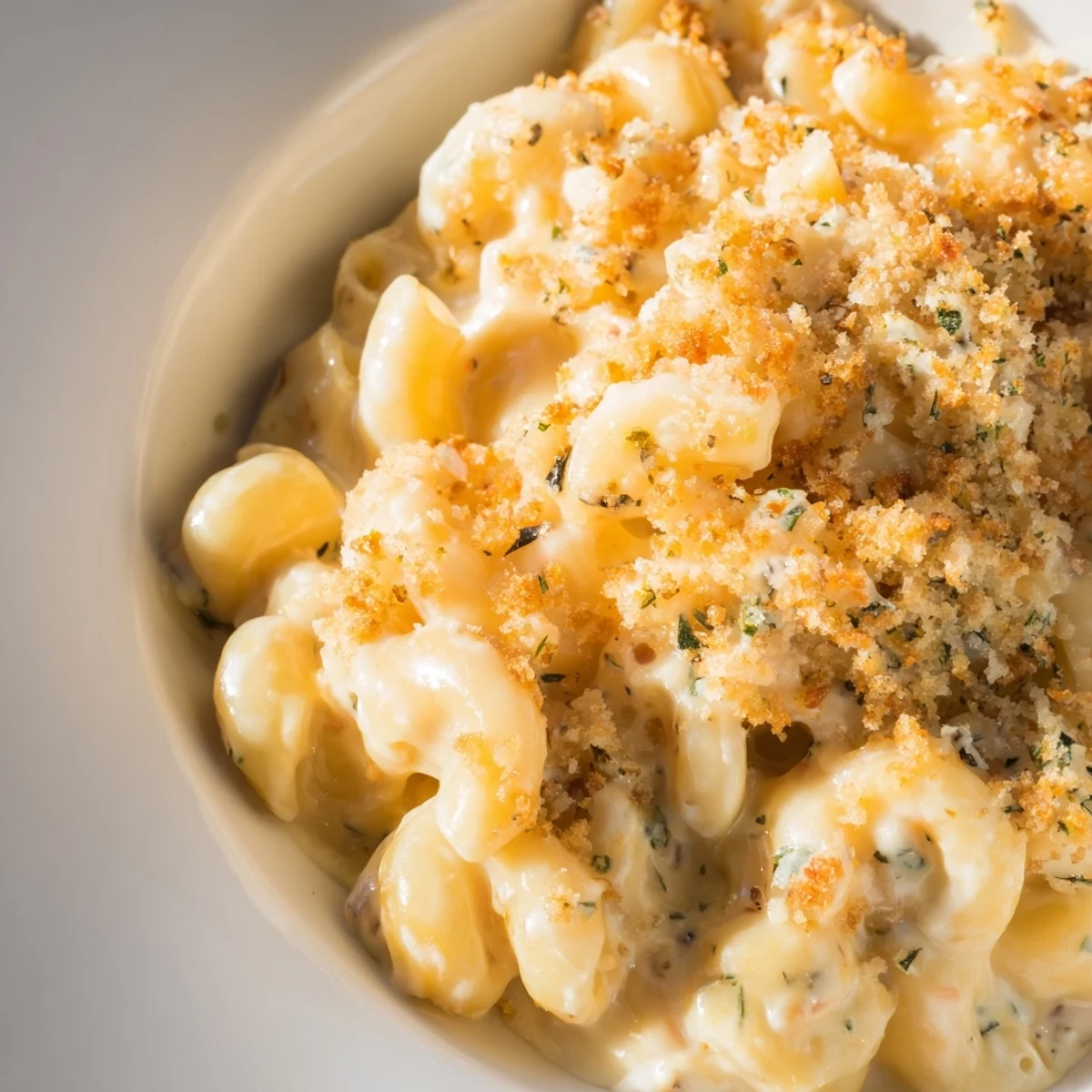 Steamy homemade Boursin mac and cheese with melted cheddar and garlic herbs on a rustic wooden table