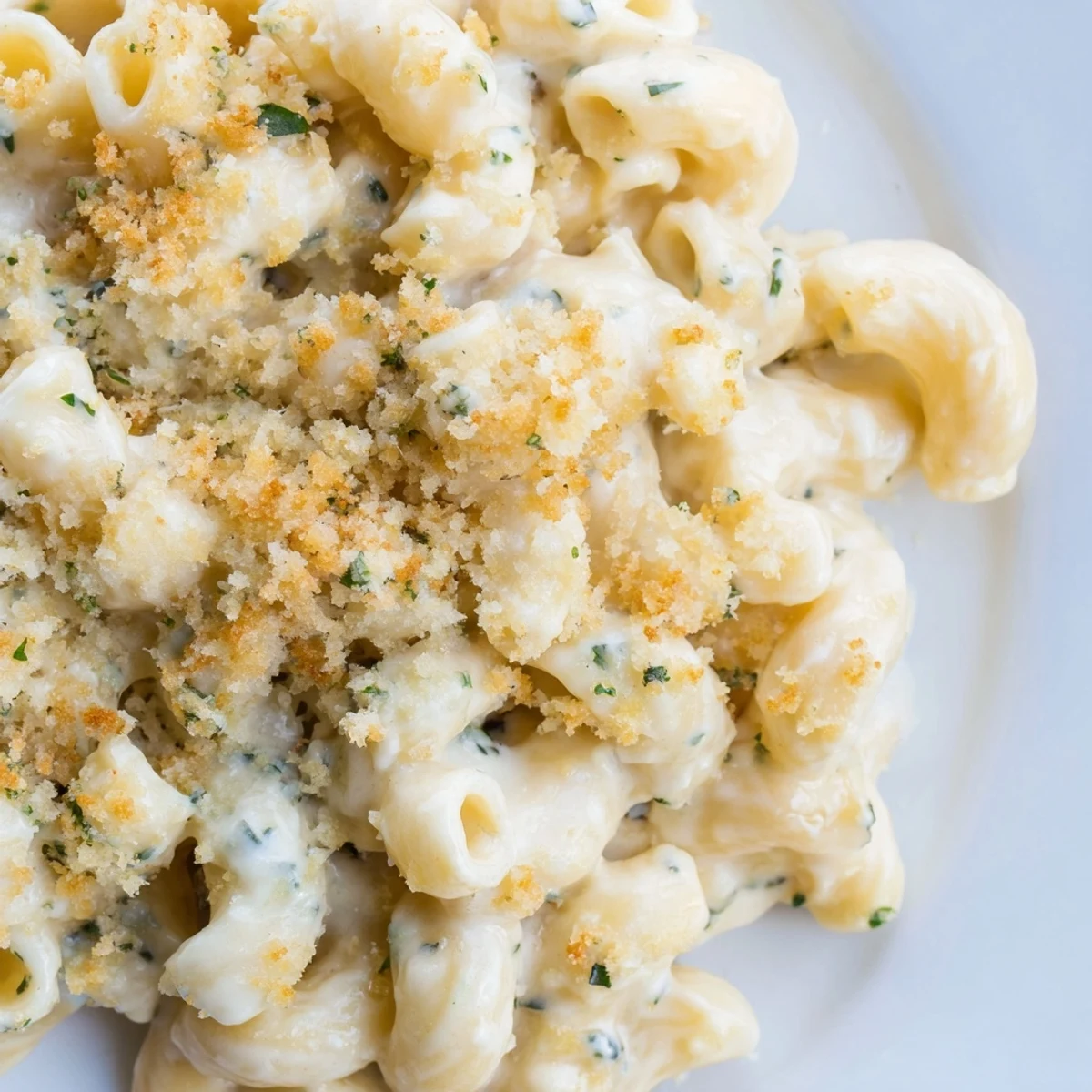 Baked Boursin mac and cheese featuring gooey cheese sauce and crispy Parmesan panko topping, freshly served