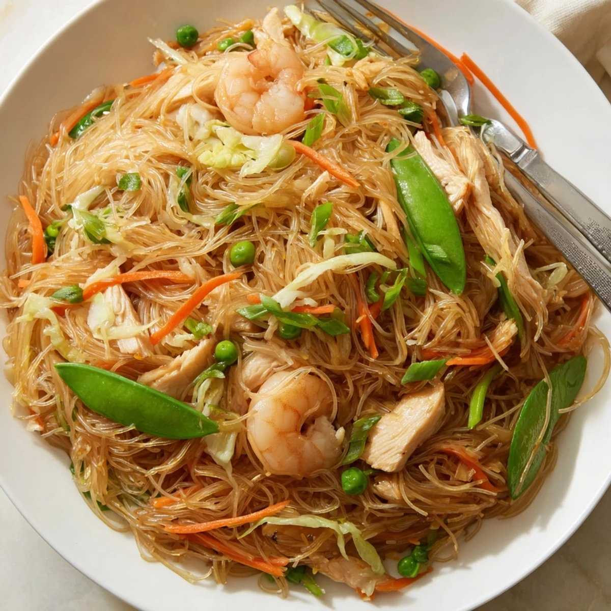 Steamy bowl of Traditional Pancit Bihon featuring tender rice noodles with chicken shrimp and colorful vegetables
