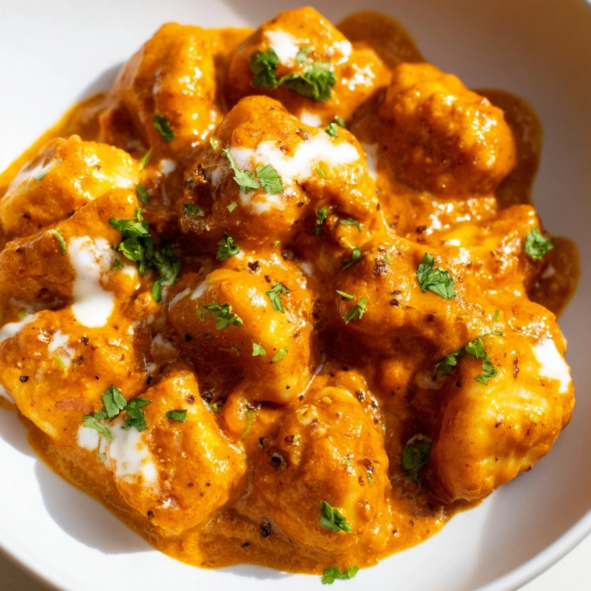 Creamy tikka masala gnocchi coated in aromatic spiced tomato sauce with fresh cilantro garnish
