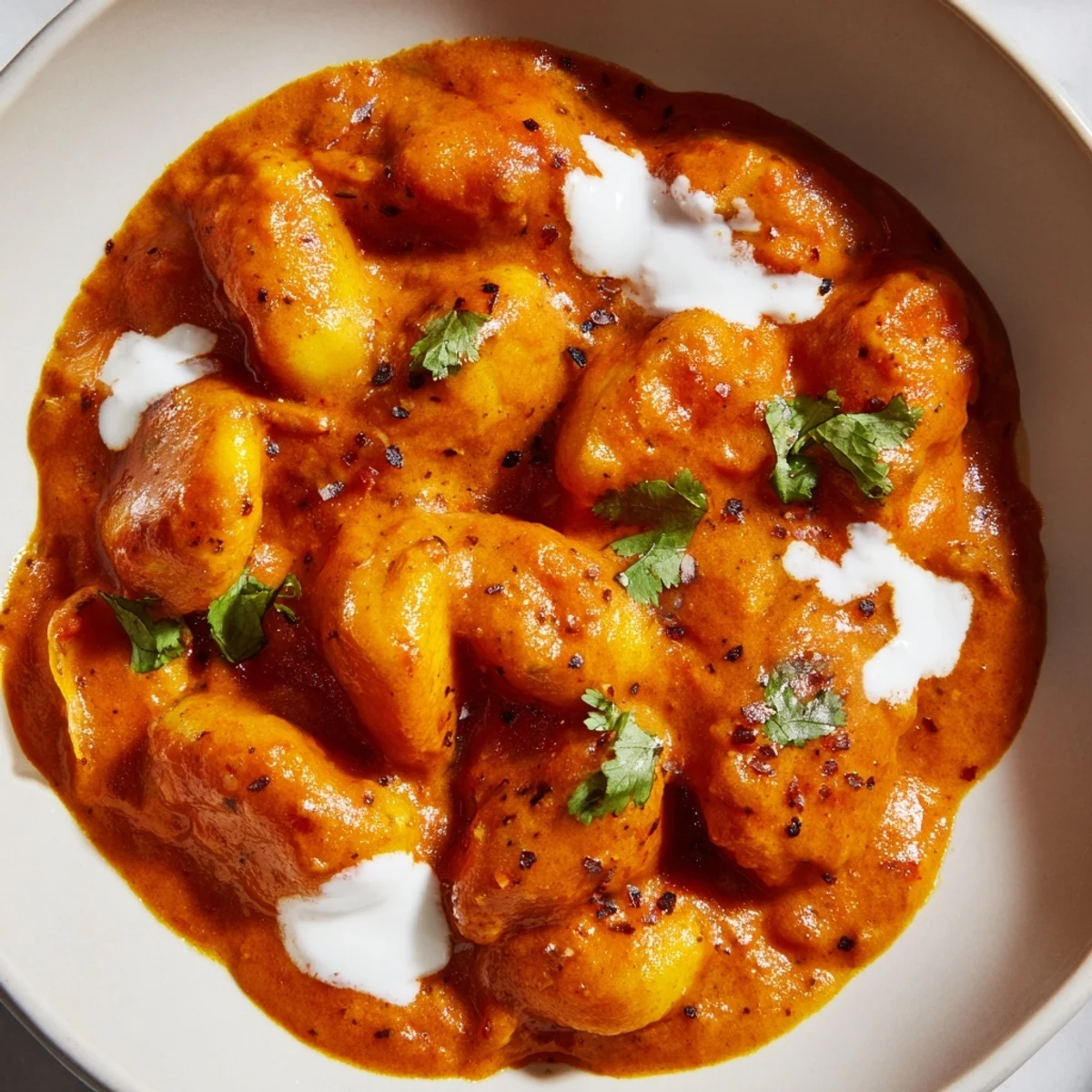 Comforting fusion dish featuring soft potato dumplings swimming in velvety tikka masala tomato cream sauce