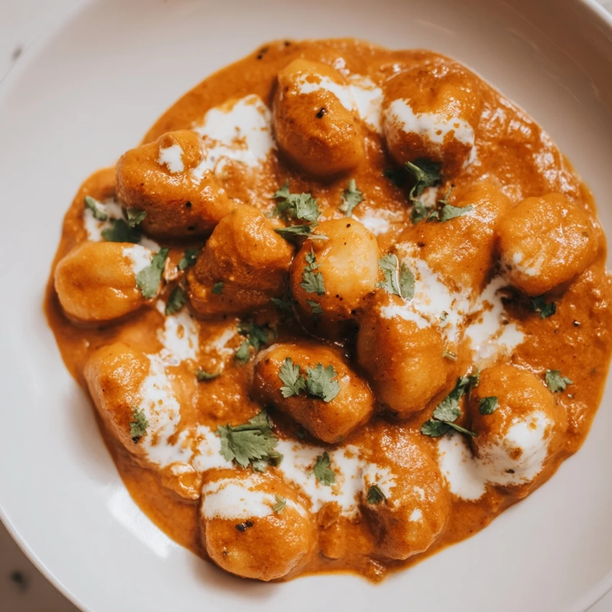 Golden potato gnocchi simmered in rich Indian-inspired curry sauce with cream and warming spices