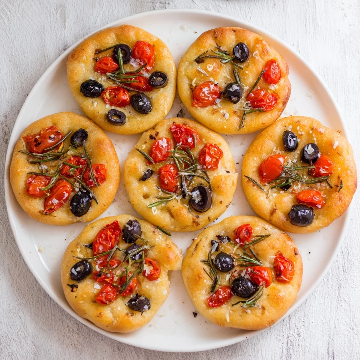 Golden brown mini focaccia bread topped with rosemary and flaky sea salt