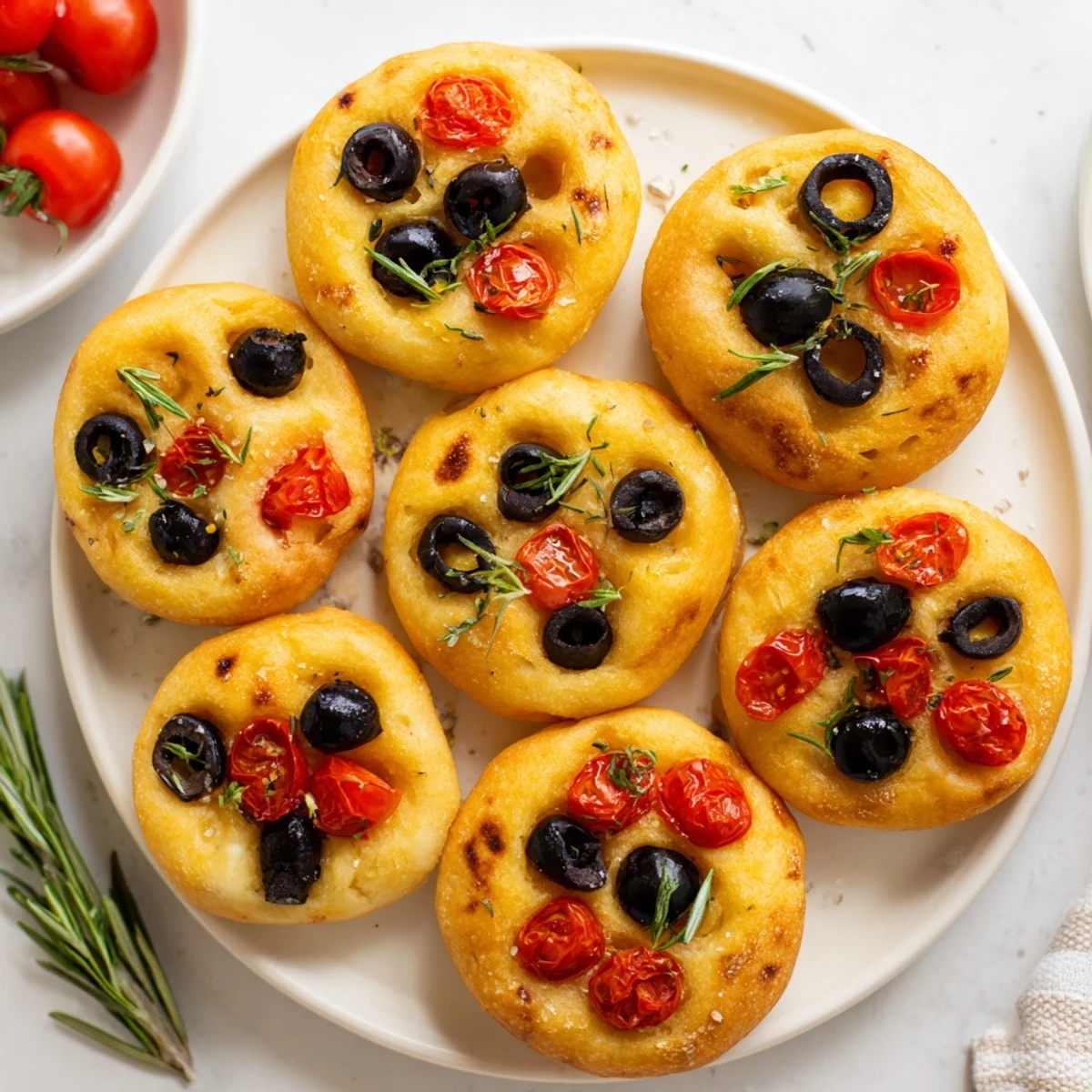 Crispy Italian focaccia rounds with cherry tomatoes and olives on parchment paper