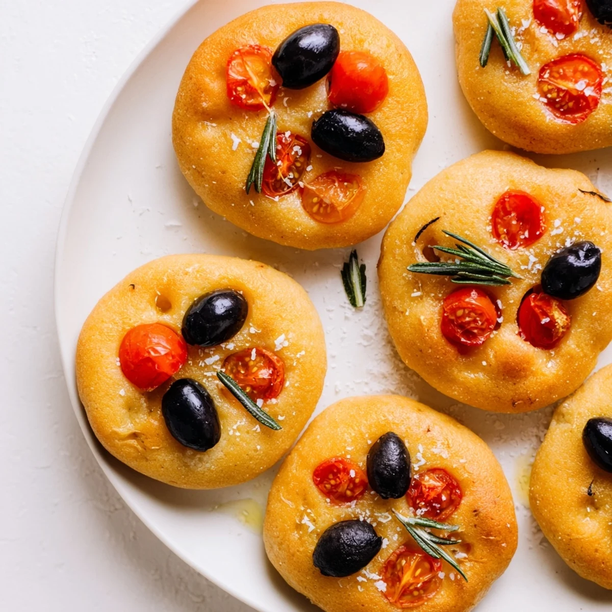 Warm individual focaccia bites with dimpled surface and aromatic herb topping