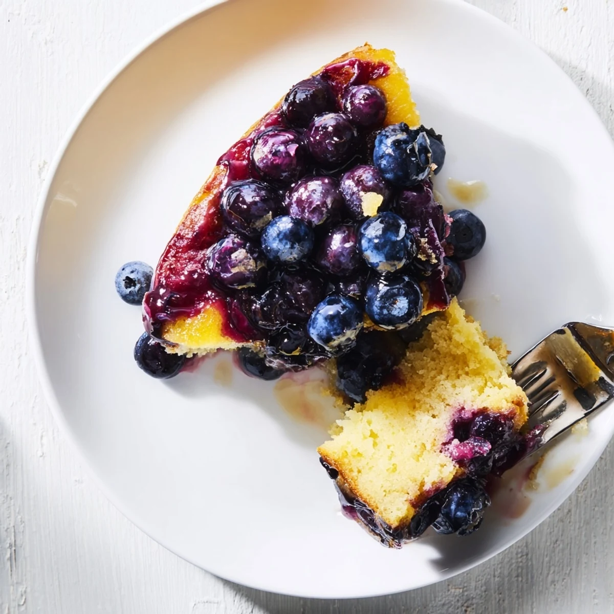Golden blueberry upside down cake with caramelized fruit topping served on white plate