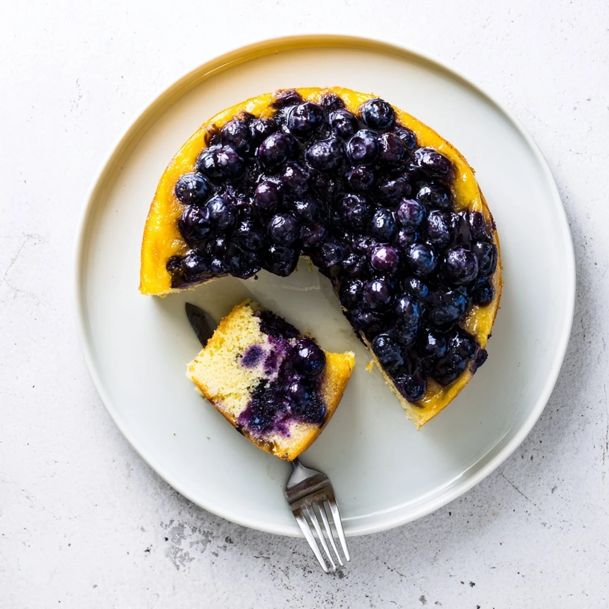 Moist blueberry upside down cake slices revealing juicy berry layer and tender crumb