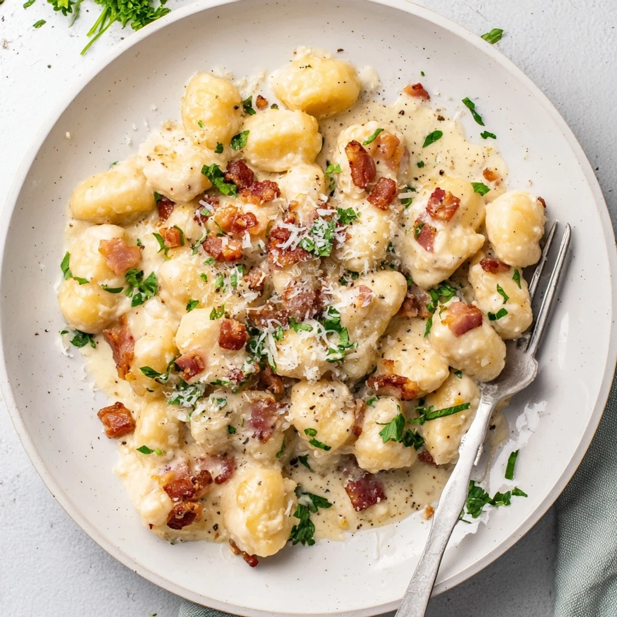 Creamy Gnocchi Carbonara plated with golden brown bacon bits and freshly grated Parmesan cheese garnish
