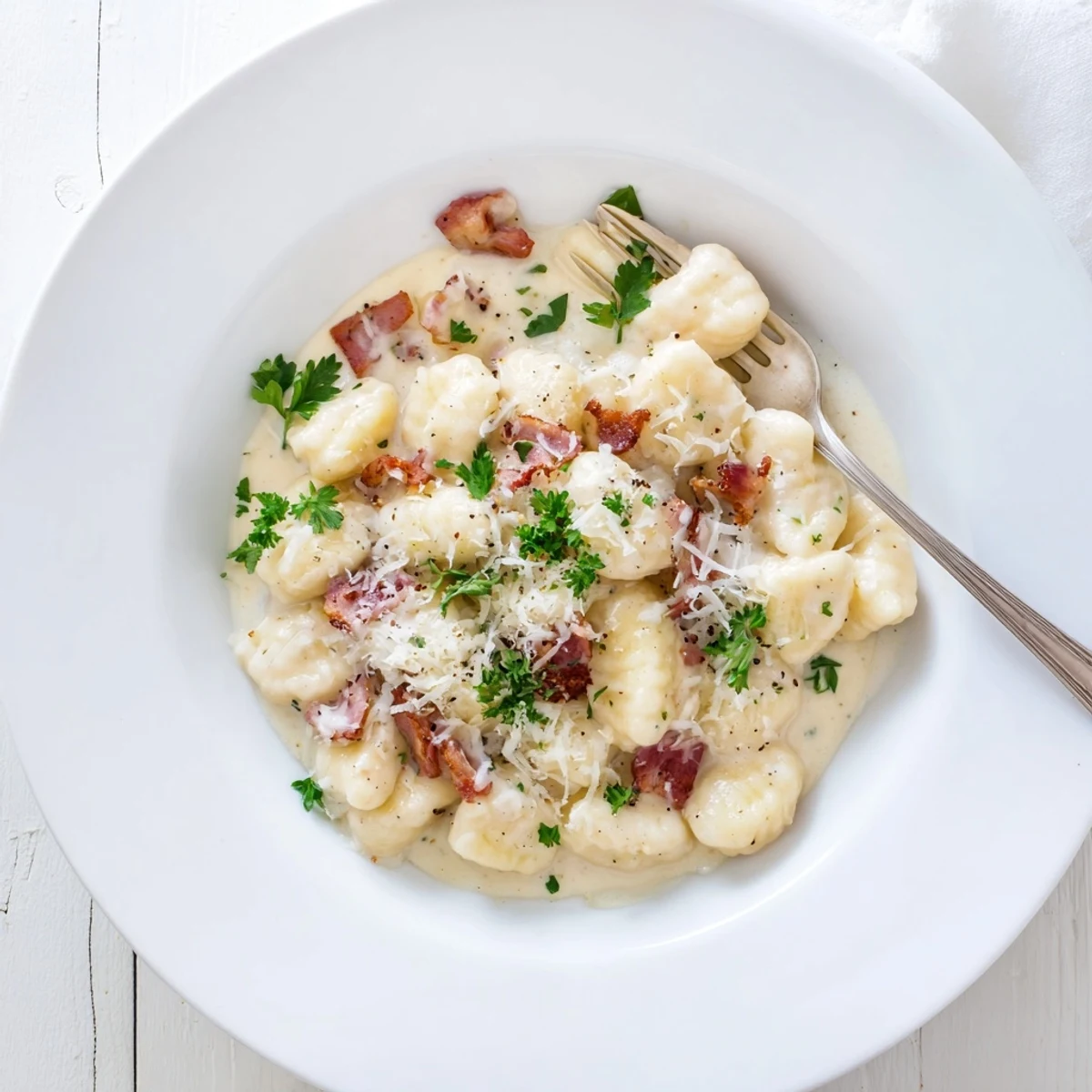 Gnocchi Carbonara with bacon and Parmesan in a creamy white sauce topped with crispy diced pancetta