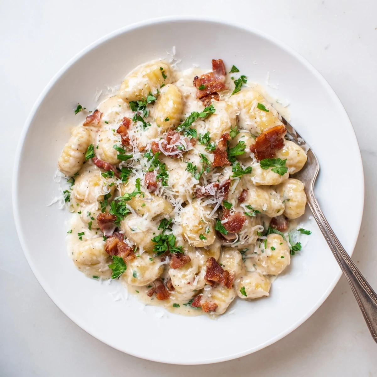 Italian potato gnocchi coated in rich carbonara sauce with crispy bacon and Parmesan shavings