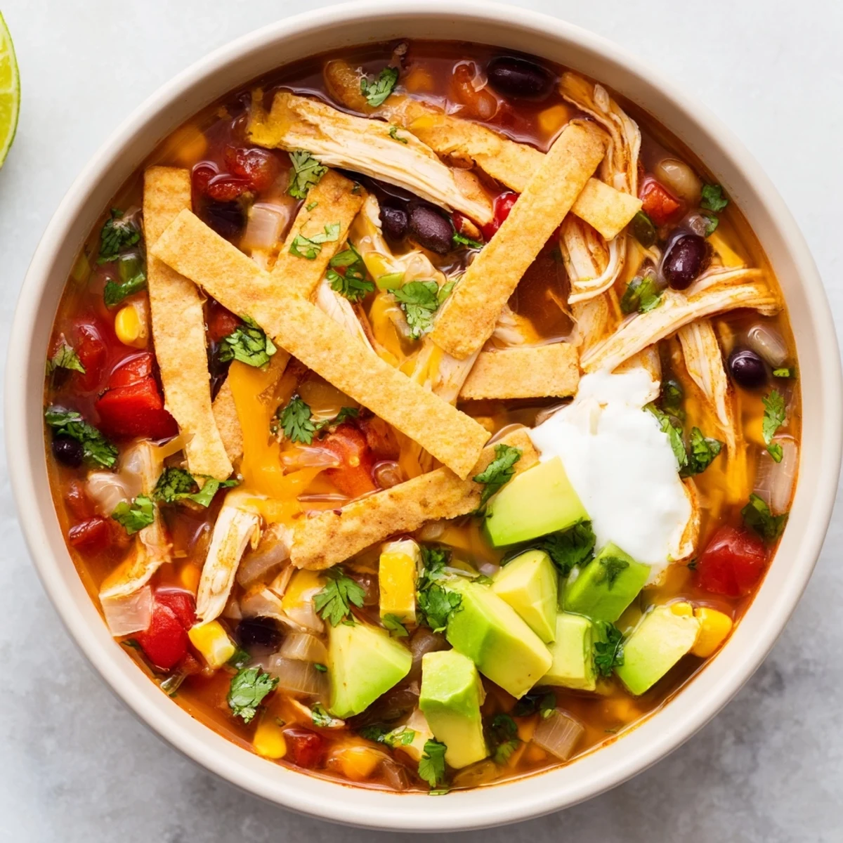Hearty bowl of classic chicken tortilla soup topped with golden crispy tortilla strips and fresh cilantro garnish