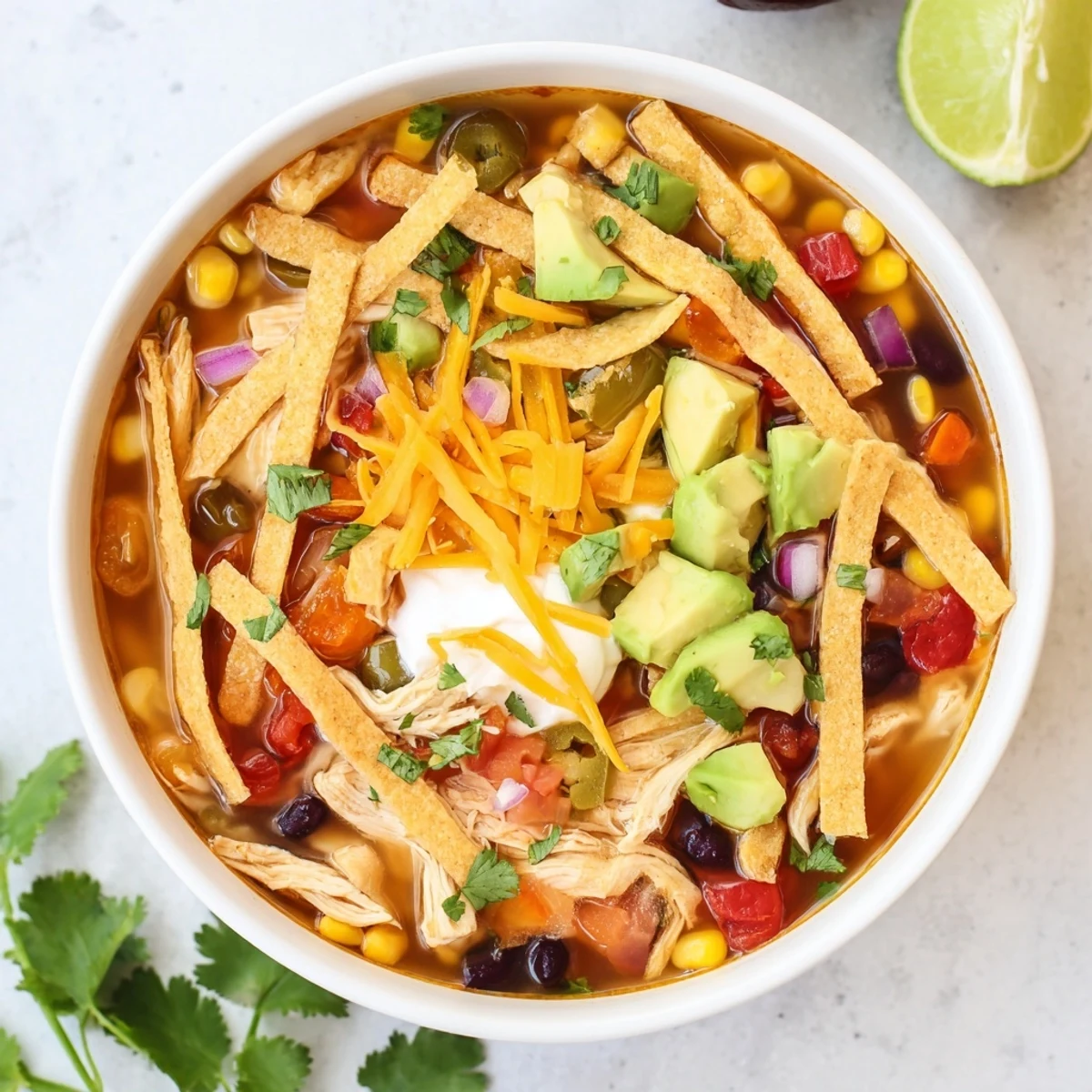 Rustic classic chicken tortilla soup brimming with tender chicken, black beans, corn, and melted cheese garnish