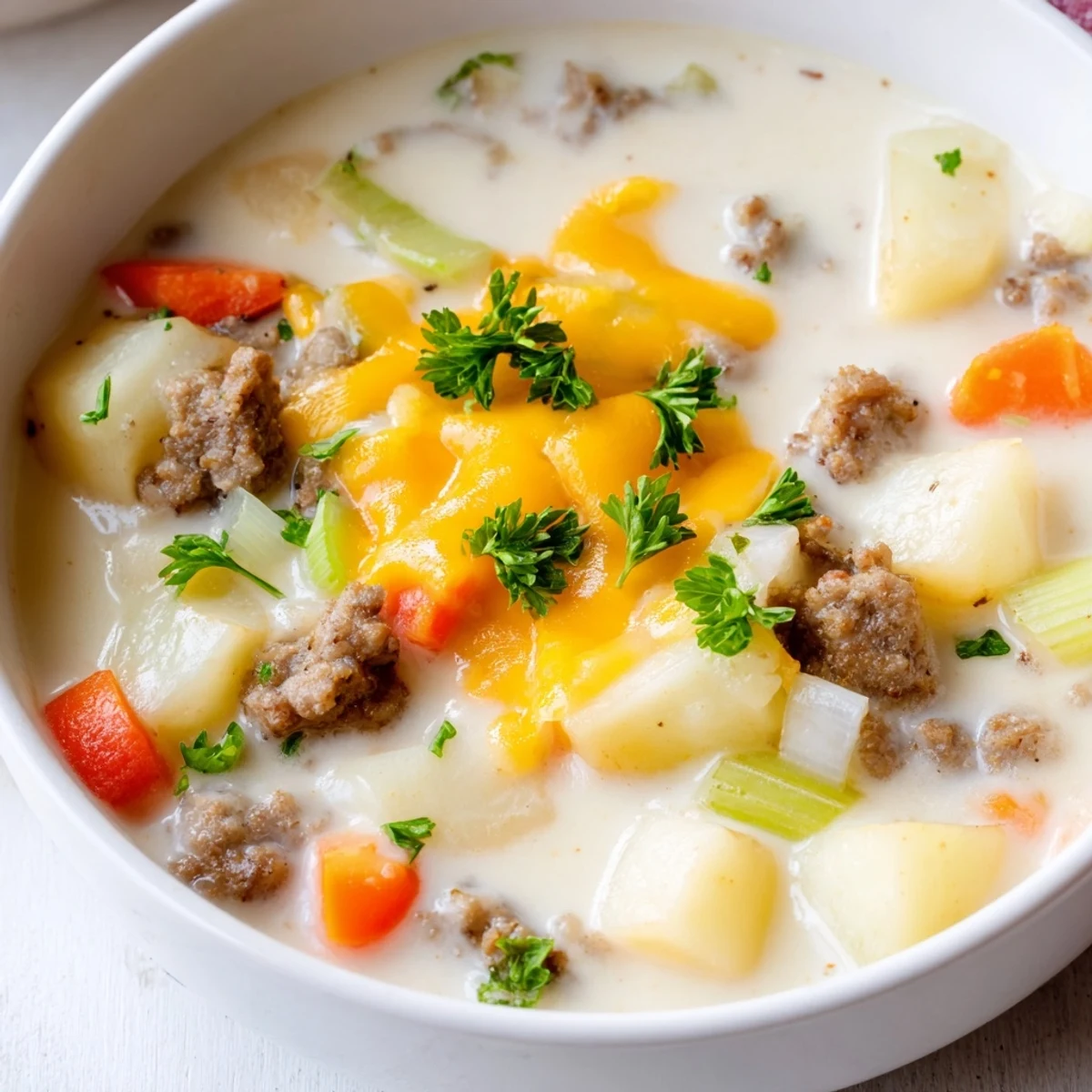 Creamy pork sausage potato soup garnished with fresh parsley and grated cheddar cheese