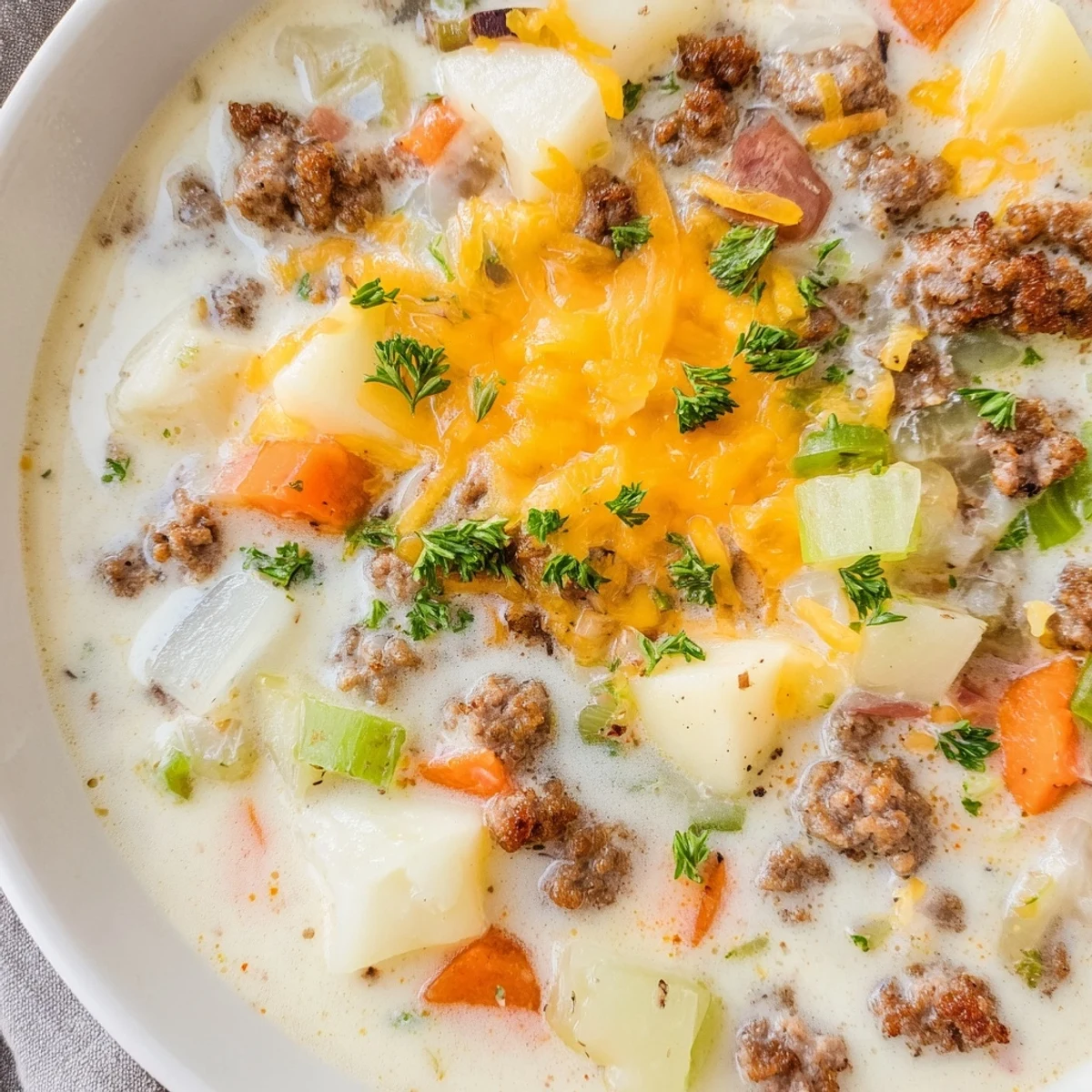 Hearty bowl of simple pork sausage potato soup with tender vegetables and steam rising