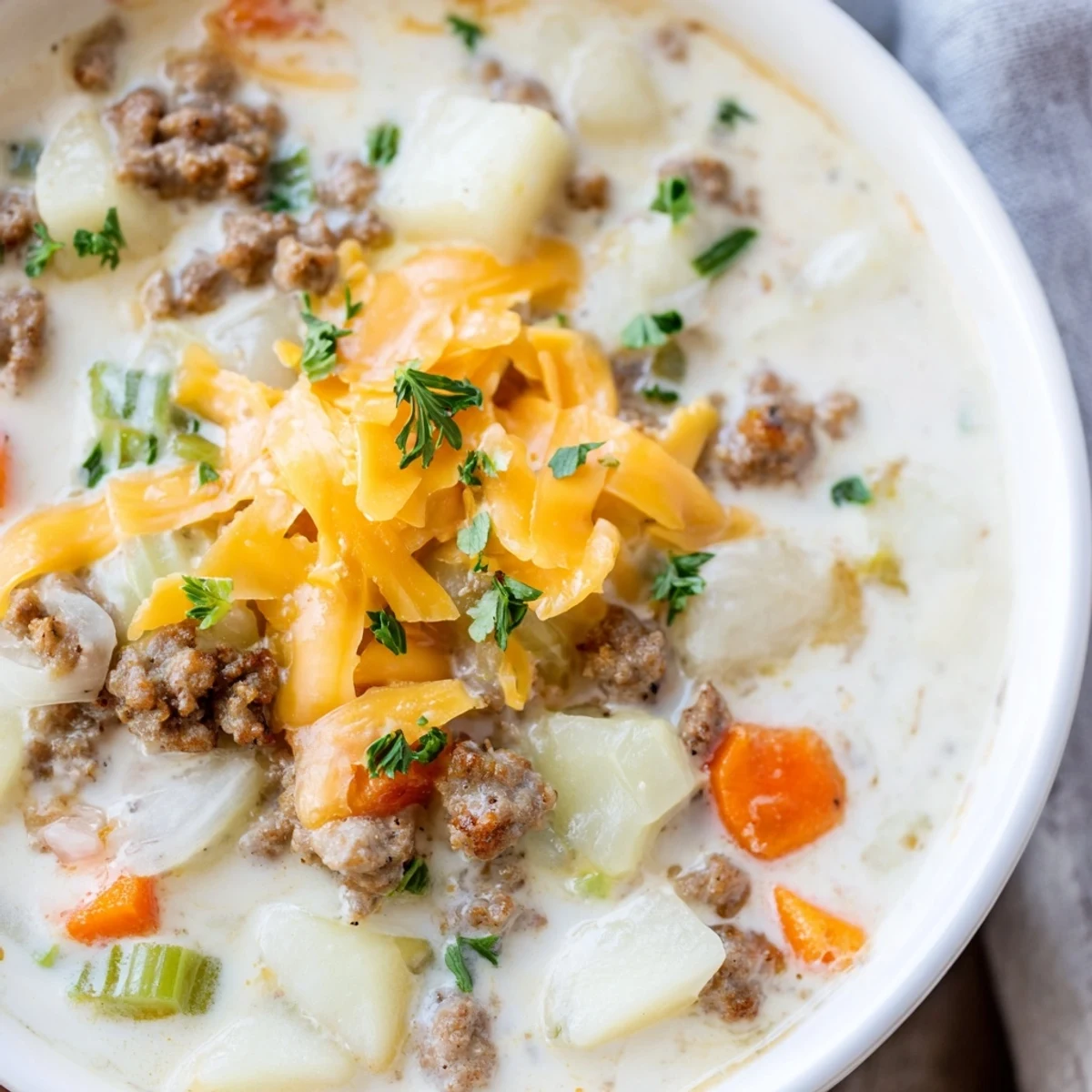 Savory pork sausage and potato soup served in rustic white bowl with crusty bread