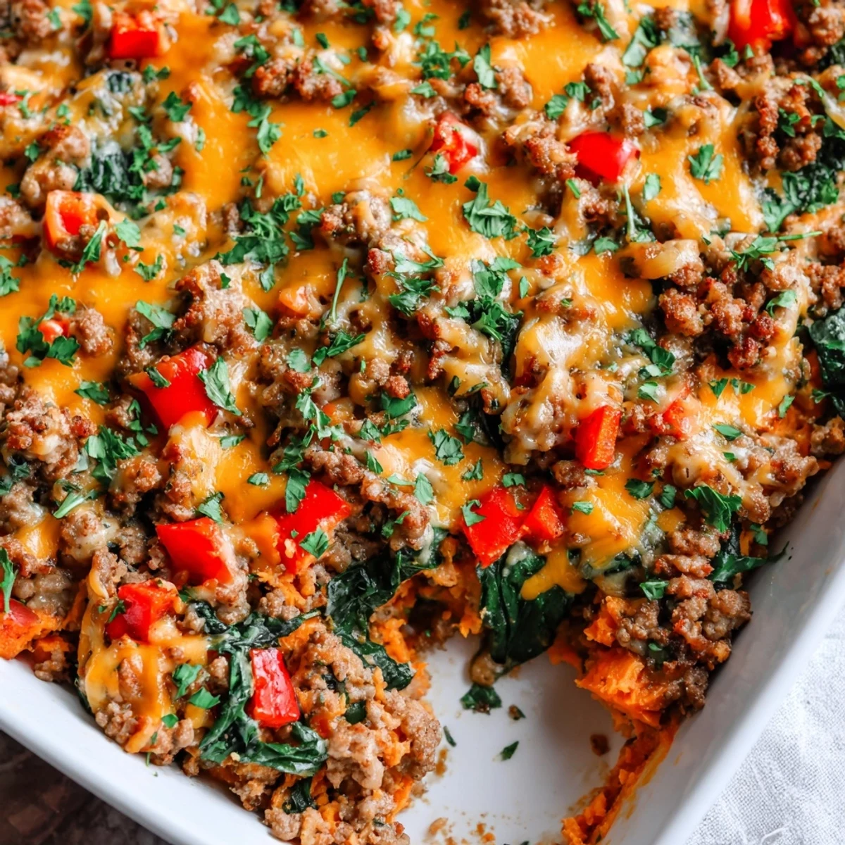 Golden brown ground turkey sweet potato bake with melted cheddar cheese and fresh parsley garnish in a baking dish