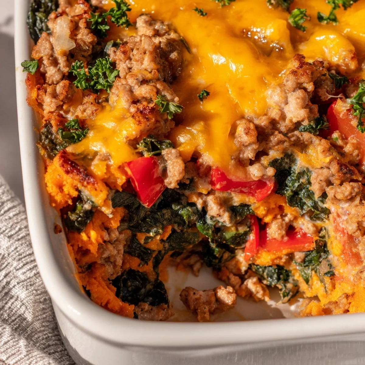 Hearty casserole featuring tender sweet potato cubes layered with seasoned ground turkey and colorful vegetables baked until bubbly