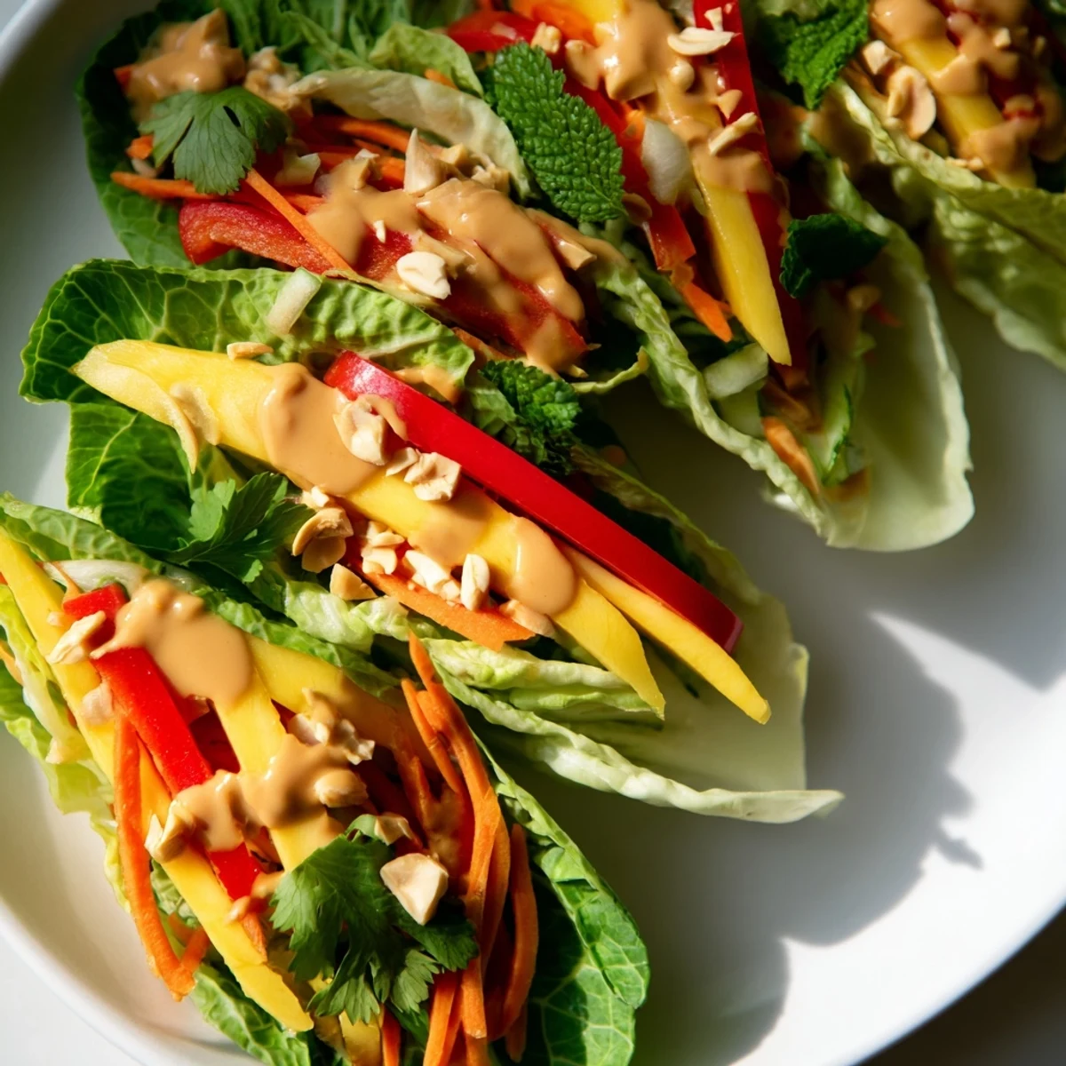 Fresh cabbage leaves wrapped around sweet mango strips and crunchy veggies with tangy peanut dressing