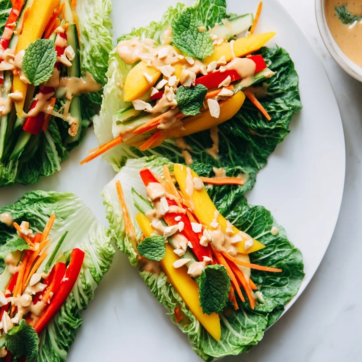 Colorful Thai mango cabbage wraps filled with crisp vegetables and drizzled with creamy peanut sauce