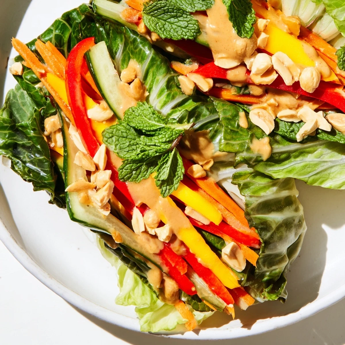 Vibrant Thai mango cabbage wraps featuring julienne carrots peppers and herbs topped with peanut sauce