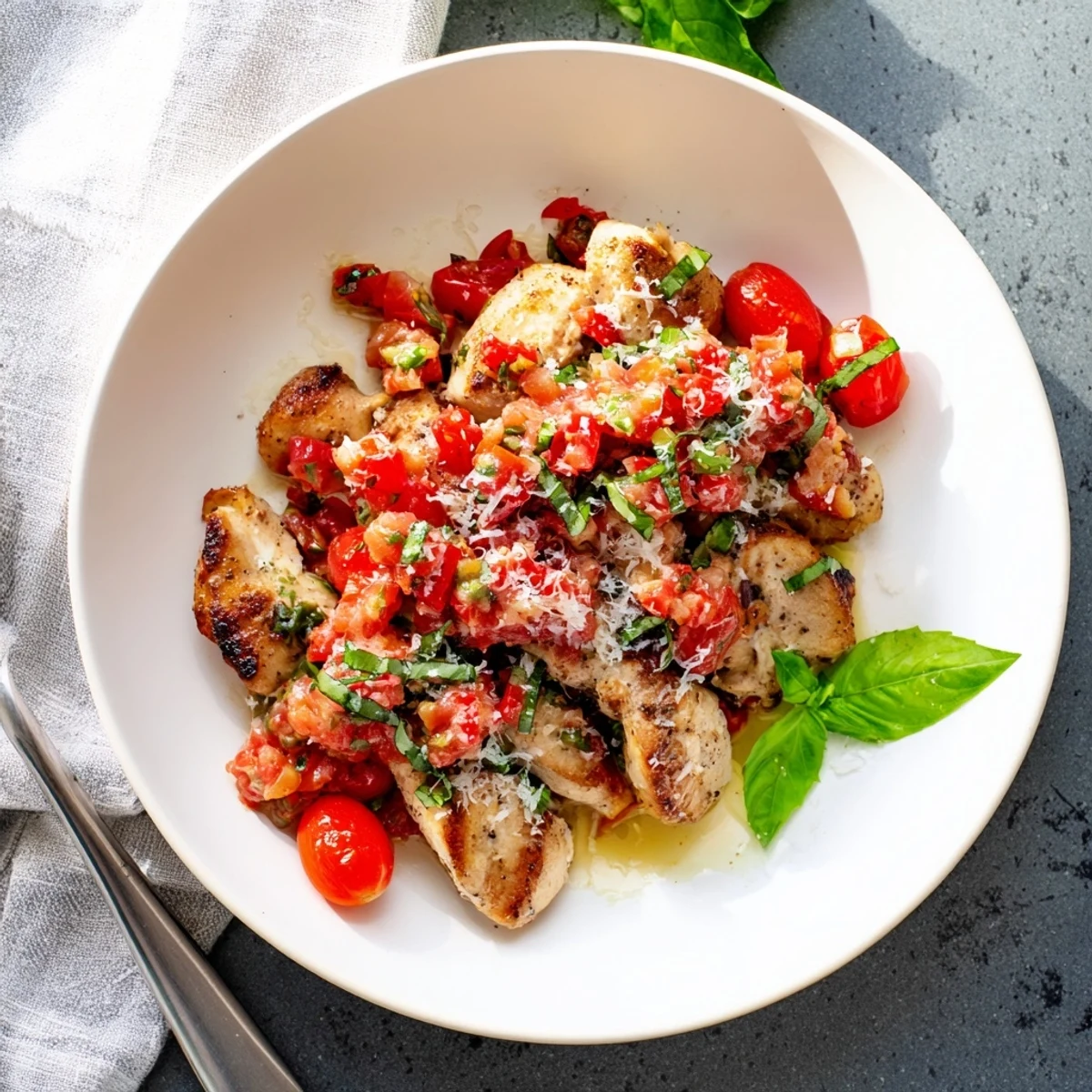 Golden grilled chicken breast piled high with vibrant tomato basil bruschetta topping
