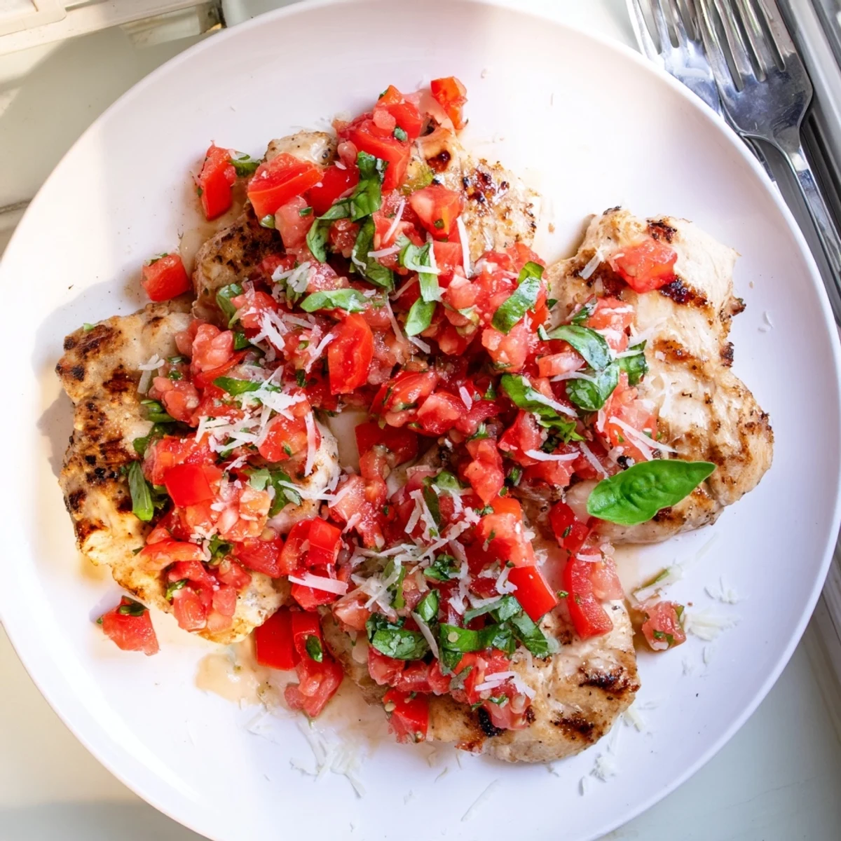 Juicy Bruschetta Chicken served fresh with colorful diced tomatoes and fragrant green basil