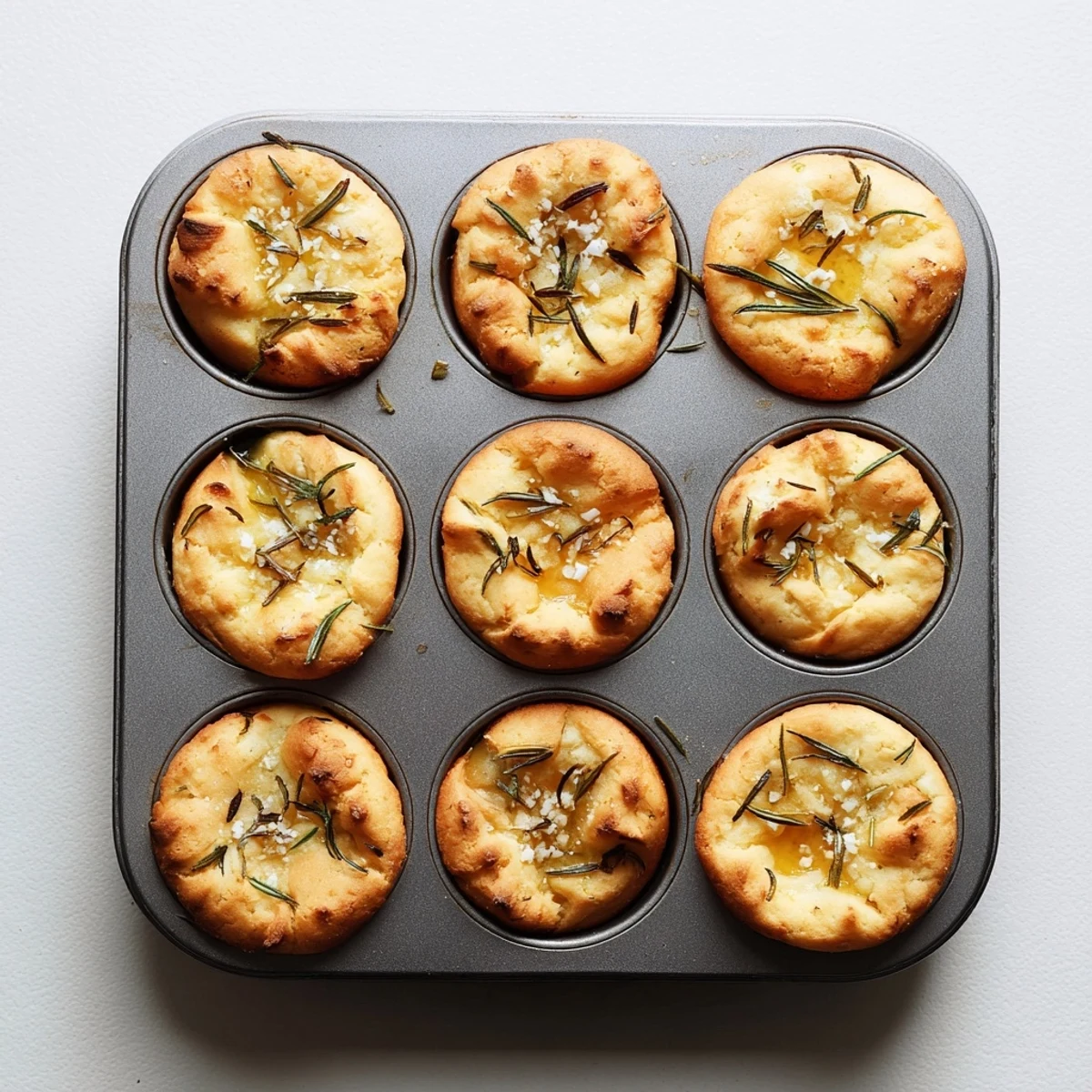 Warm oven-baked focaccia muffins with minced garlic and rosemary, served on a wire rack