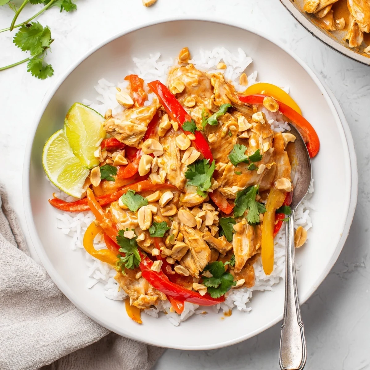 Savory slow cooker peanut chicken garnished with roasted peanuts and fresh cilantro