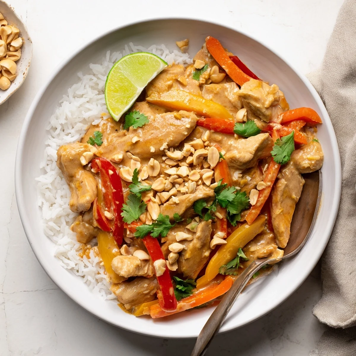 Vibrant slow cooker peanut chicken served with colorful bell peppers over steamed jasmine rice
