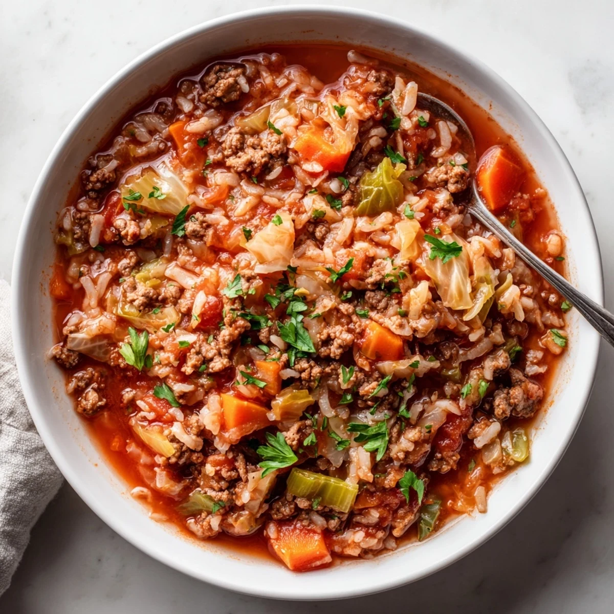 Hearty unstuffed cabbage roll soup featuring tender beef, rice, and vegetables in a rich tomato broth