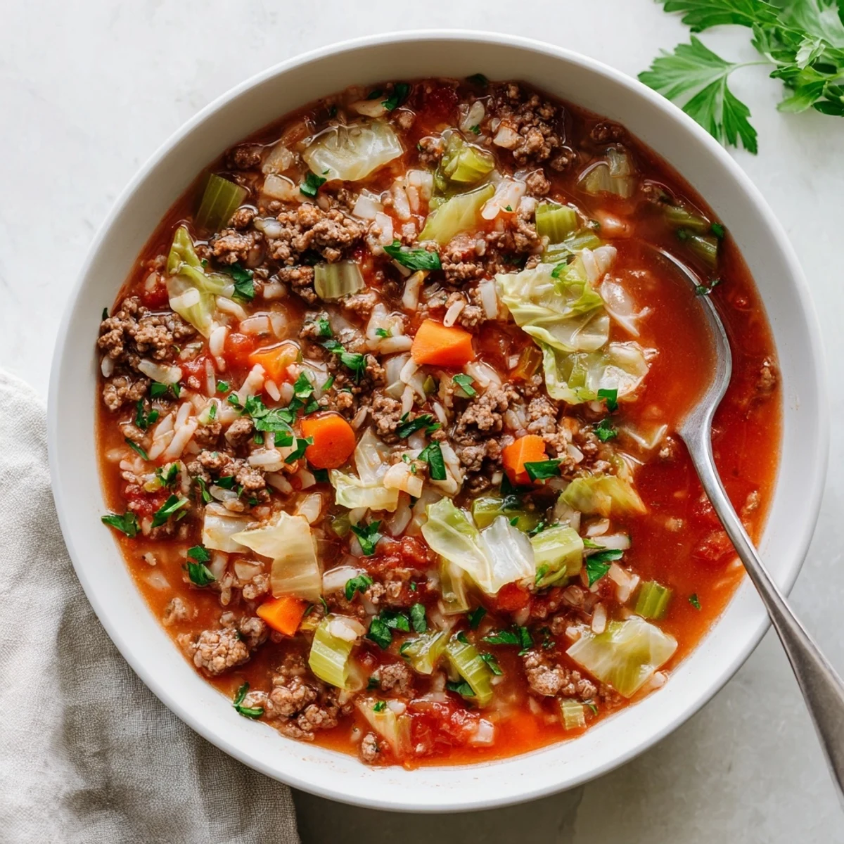 Comforting unstuffed cabbage roll soup simmering with ground beef, cabbage, and rice in a Dutch oven