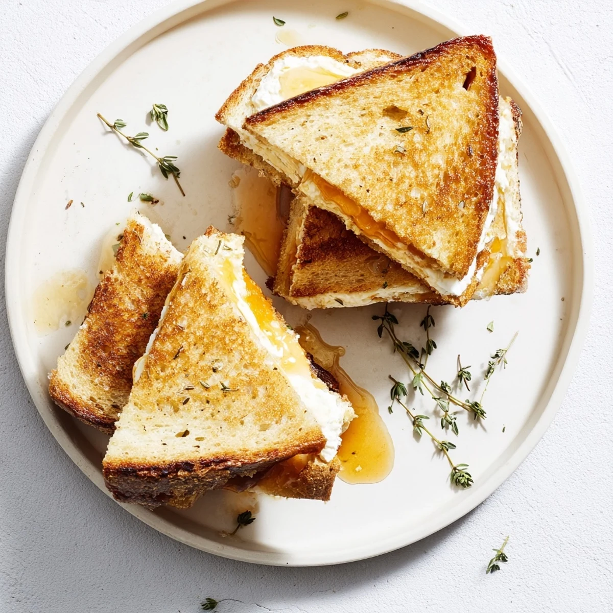 Gourmet Goat Cheese & Honey Grilled Cheese served on a wooden board with fresh thyme sprinkled on top