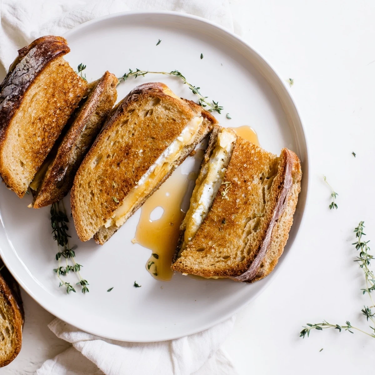 Sliced Goat Cheese & Honey Grilled Cheese revealing gooey sweet and savory layers on crisp buttery toasted bread
