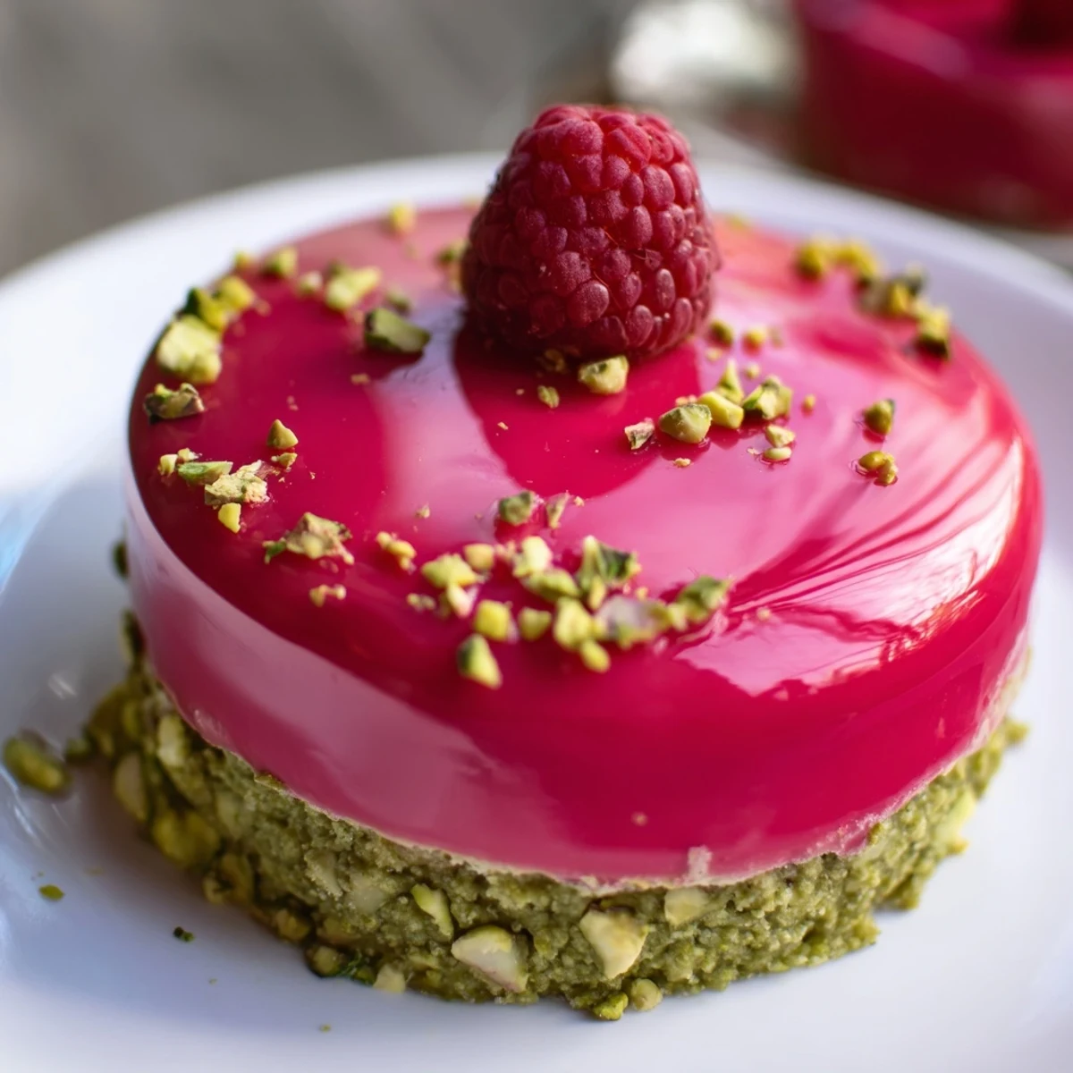 Mini raspberry pistachio mousse cakes with glossy red glaze and chopped pistachio garnish on a white dessert plate