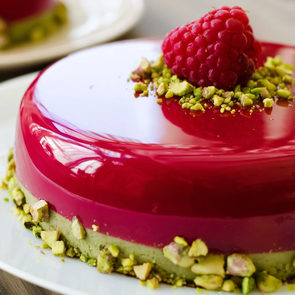 Individual French-inspired mini cakes showcasing layered green pistachio and pink raspberry mousse with fresh raspberries on top