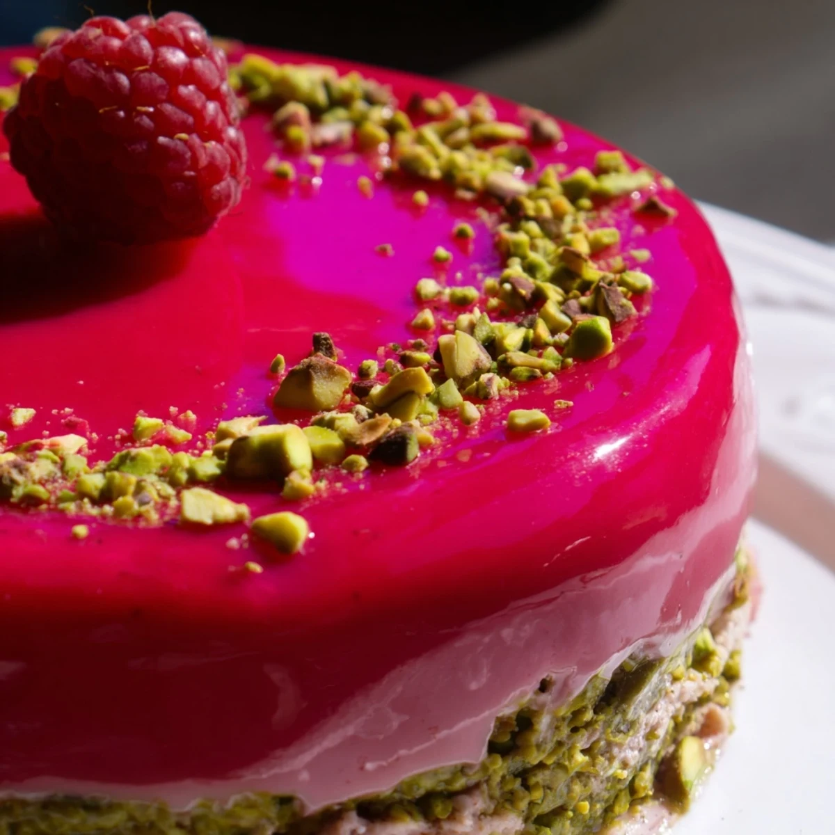 Elegant mini raspberry pistachio mousse cakes featuring silky smooth layers and vibrant red mirror glaze for special occasions