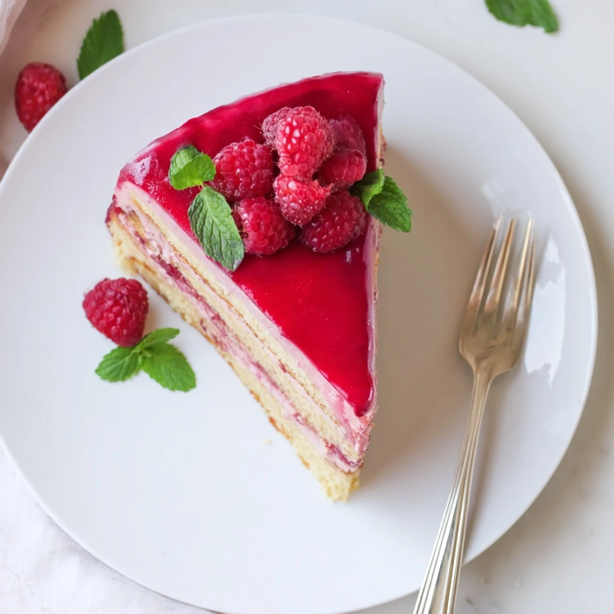 Elegant raspberry mousse cake with glossy red glaze and fresh berry garnish on white serving plate