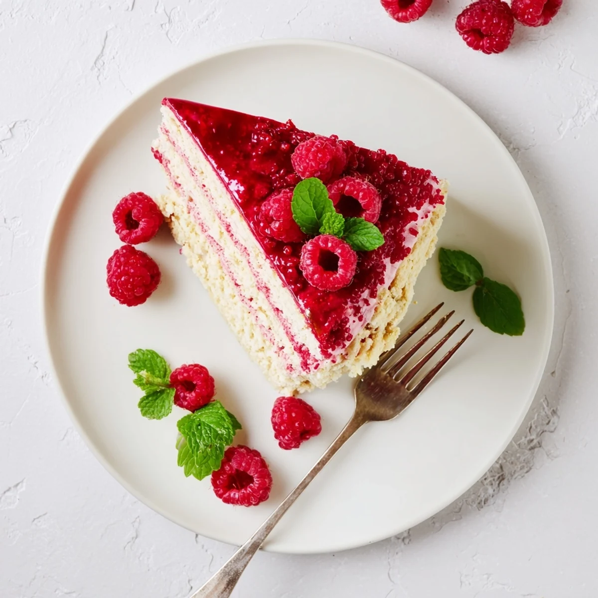 Light layered dessert featuring fluffy raspberry mousse over tender almond sponge base with smooth mirror glaze