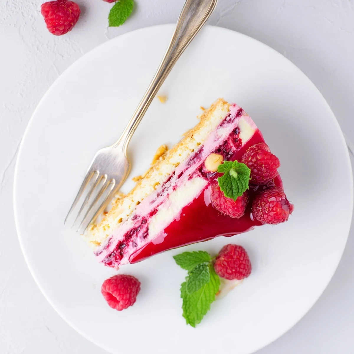 Slice of pink raspberry mousse cake showing airy texture and almond sponge layers with mint sprig decoration