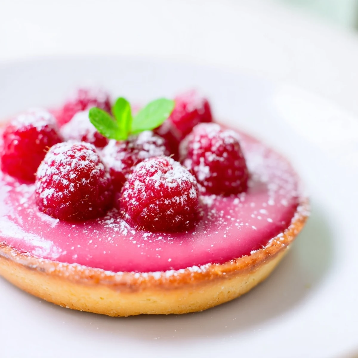 Golden vegan raspberry curd tarts topped with fresh berries and mint leaves on white plate