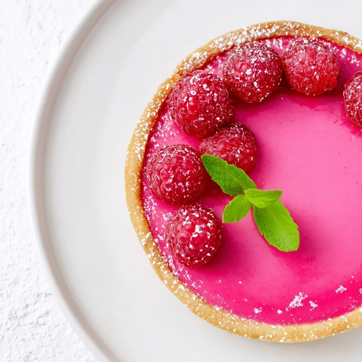 Silky bright pink raspberry curd fills crisp vegan tart shells garnished with powdered sugar