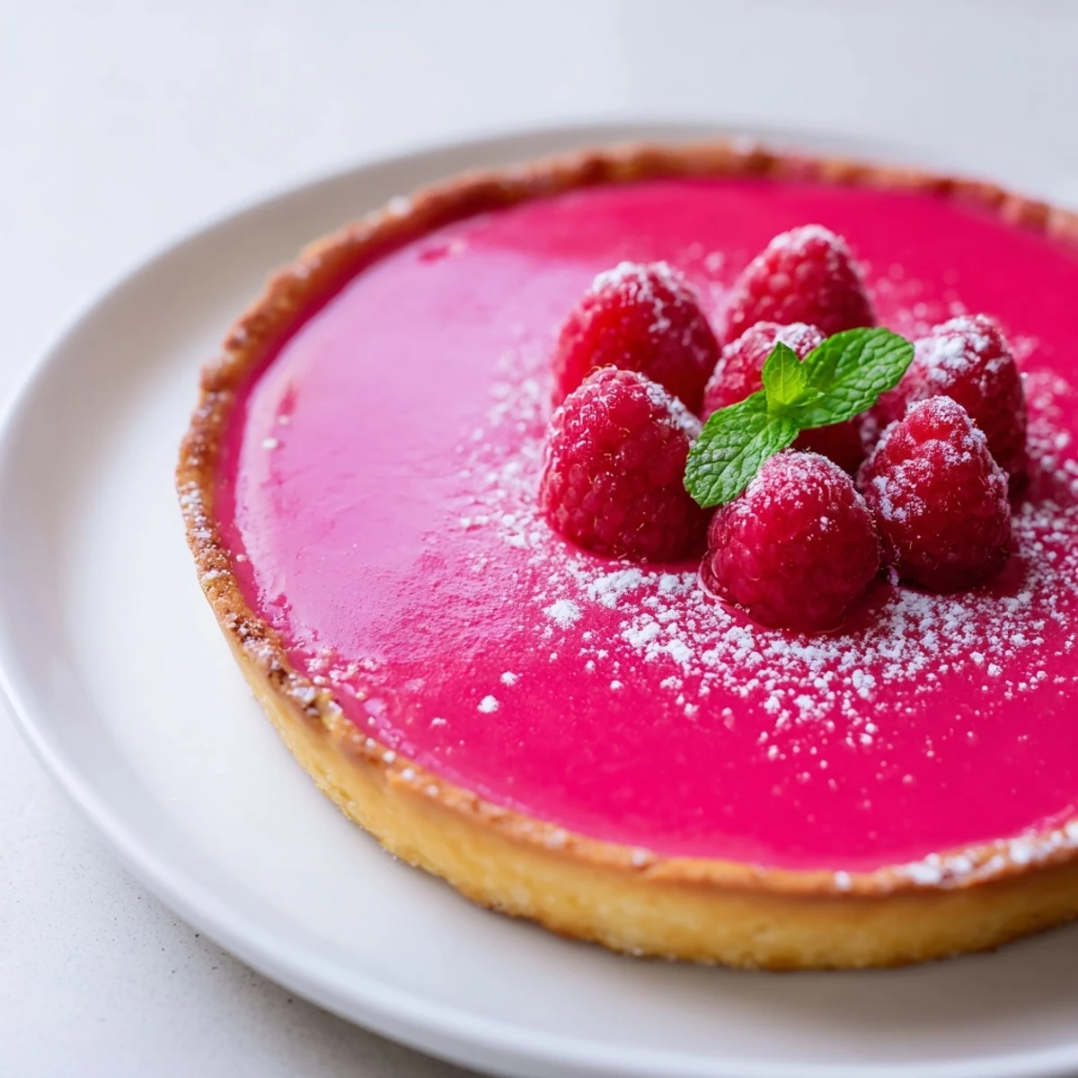 Close up of chilled vegan raspberry curd tarts with glossy fruit centers on serving platter