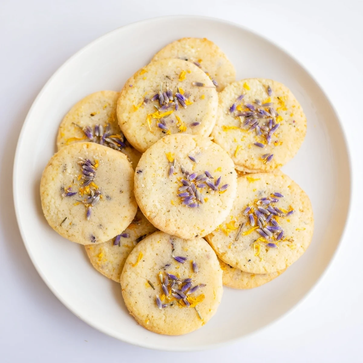 Delicate buttery lemon lavender cookies stacked on a white ceramic plate with fresh lemon wedges