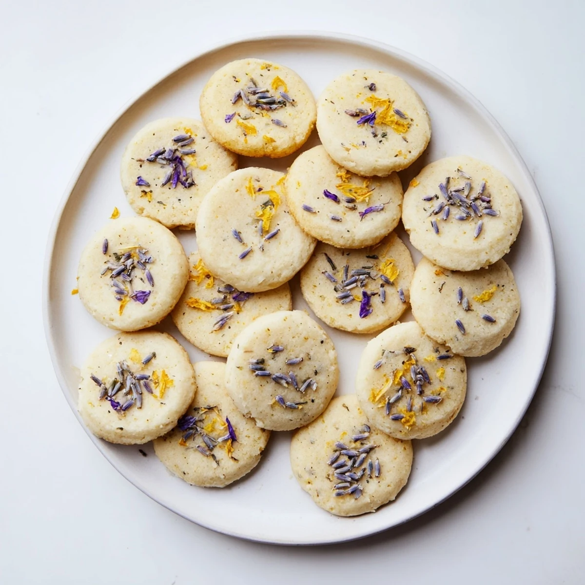 Soft baked lemon lavender cookies scattered on a rustic wooden board alongside a steaming cup of tea