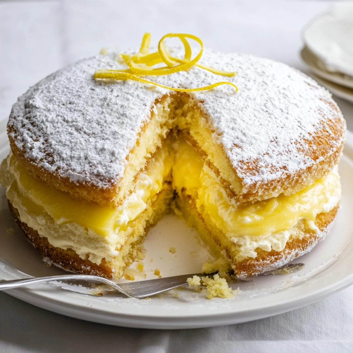 Golden Italian Grandmas Lemon Custard Cake dusted with powdered sugar and garnished with fresh lemon curls