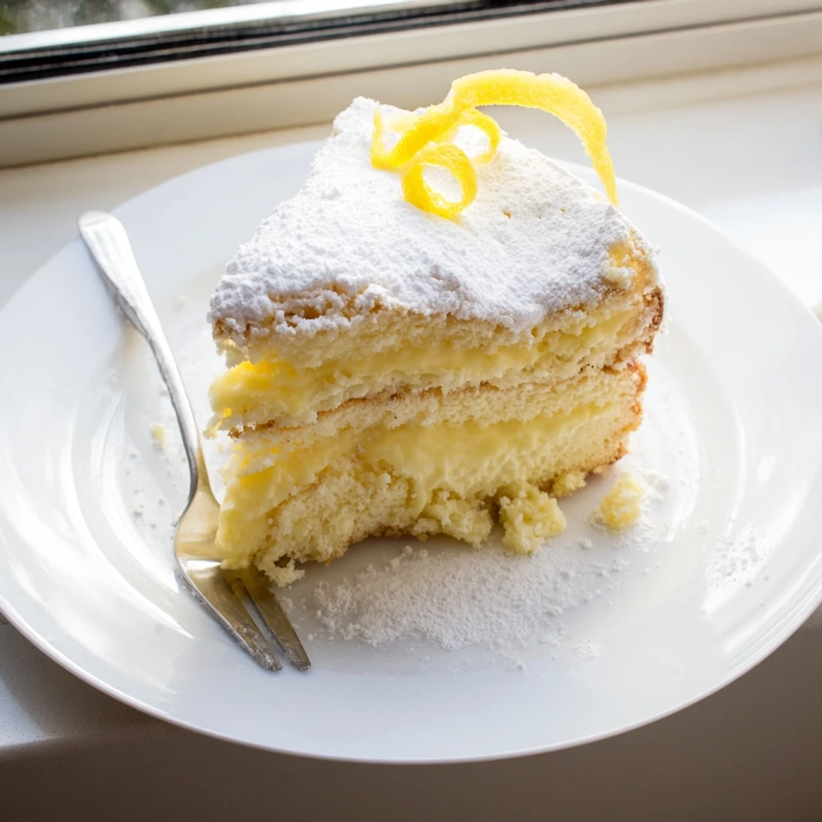 Italian Grandmas Lemon Custard Cake sliced open to reveal creamy lemon custard filling between fluffy yellow layers