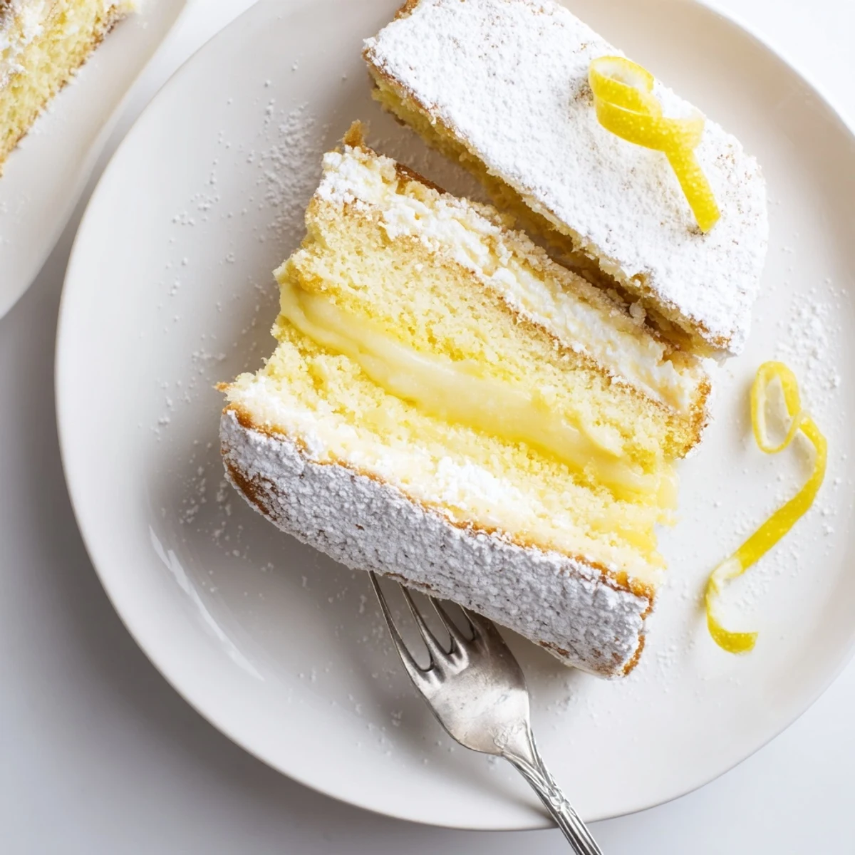 Close up of Italian Grandmas Lemon Custard Cake showing velvety custard layer with bright citrus zest