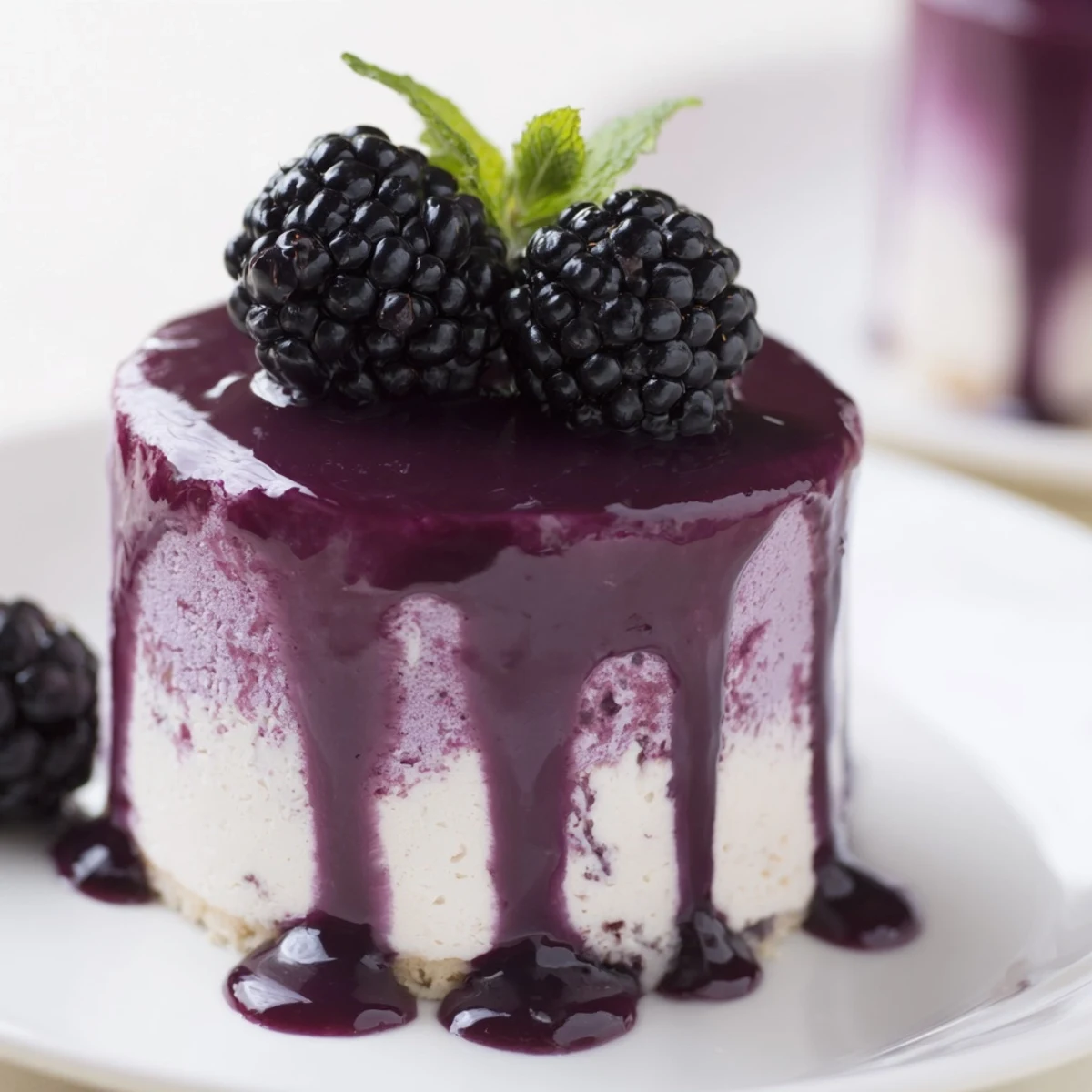 Mini blackberry mousse cakes with glossy purple glaze and fresh berry garnish on white plate