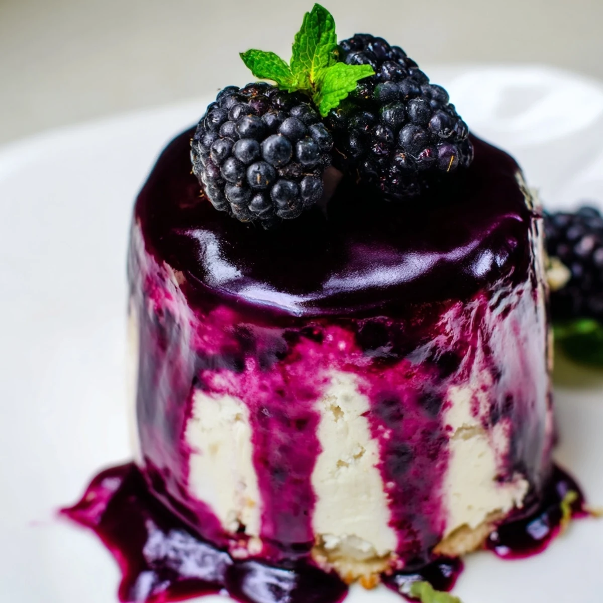 Individual blackberry mousse cakes featuring airy layers atop sponge base with edible flower decoration