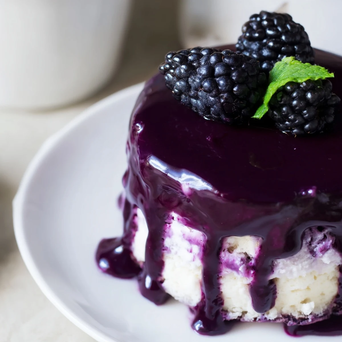 Glossy blackberry mousse cakes served chilled with fresh mint and whole blackberries on dessert plate